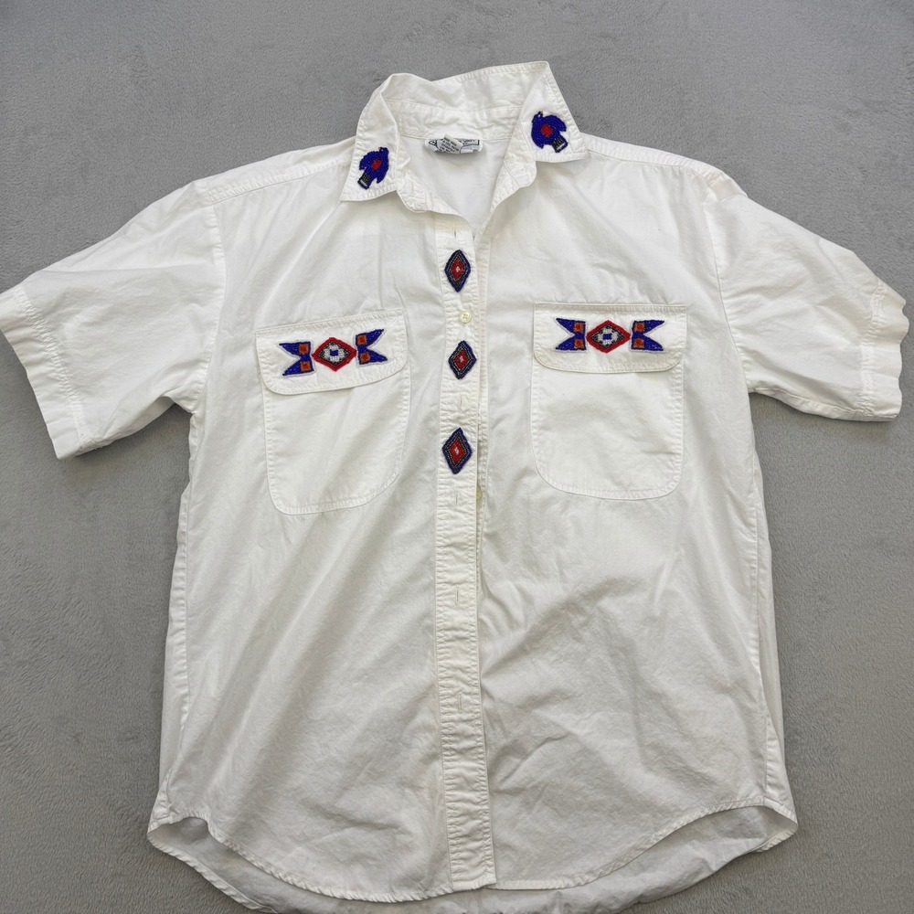 The Shirt Inc Womens Large Beaded Button Up‎ Shirt  White Southwestern Boho